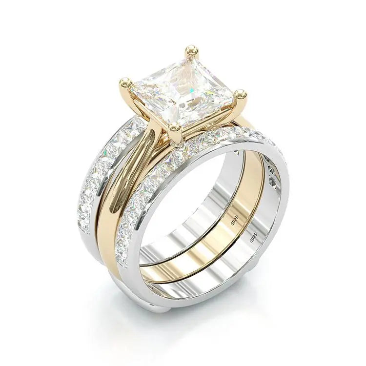 Timeless Princess Cut Bridal Ring Set – Golden & Sterling Silver