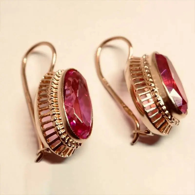 Vintage Red Crystal Rose Golden Earrings