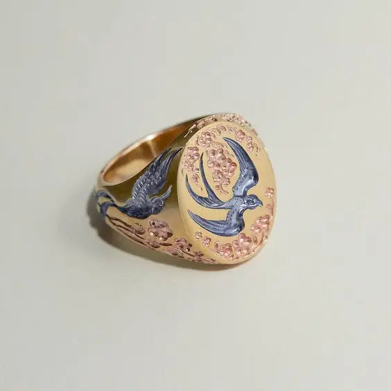 Vintage Blue Golden Hummingbird Ring