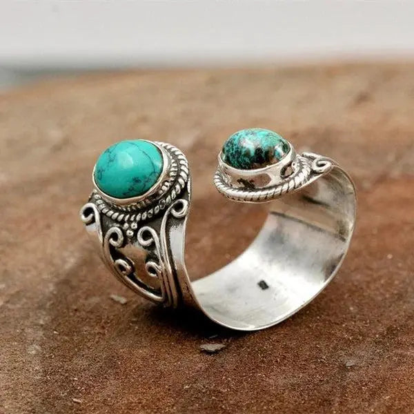 Adjustable ring with double turquoise setting