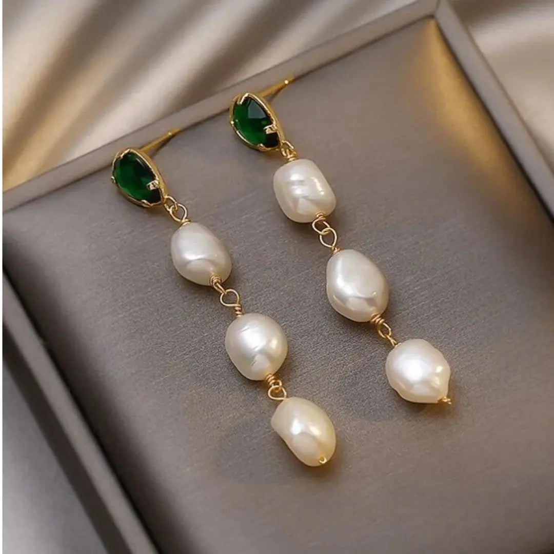 Emerald Pearl Pendant Earrings in Golden