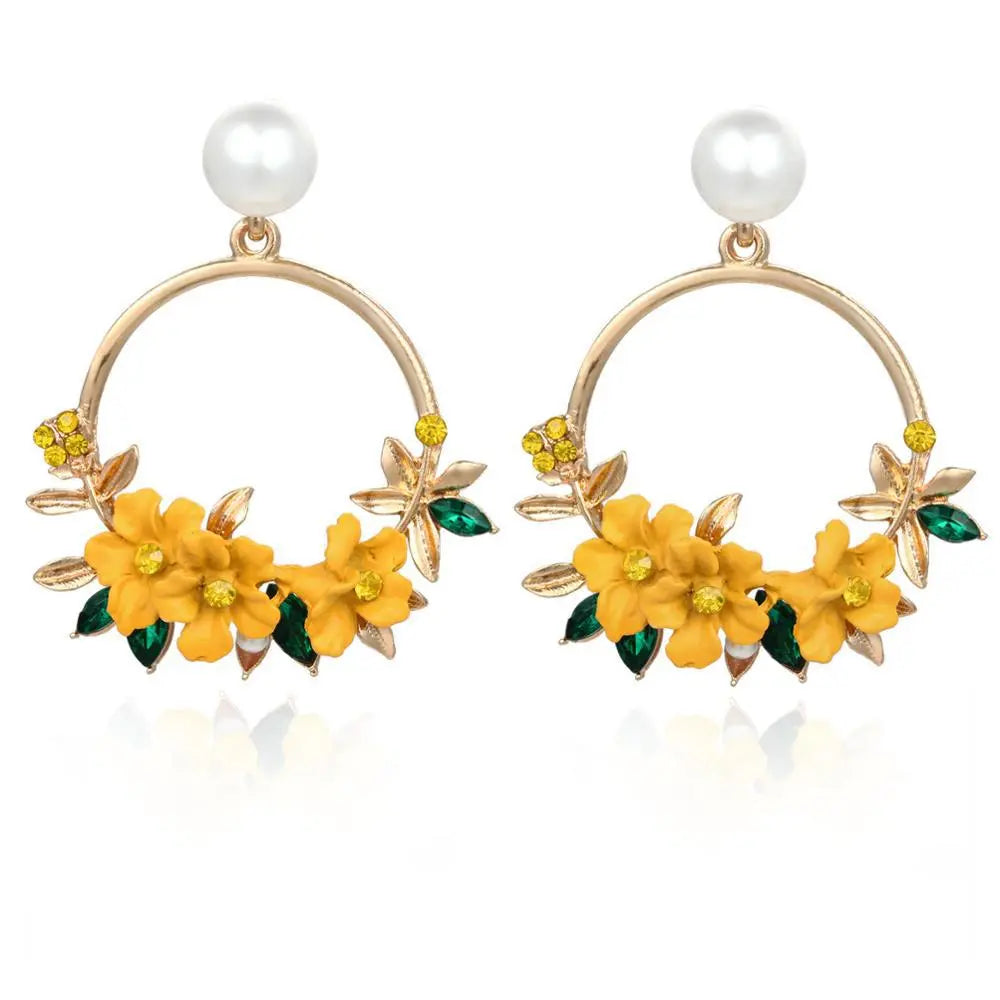 Golden Flower and Pearl Earrings
