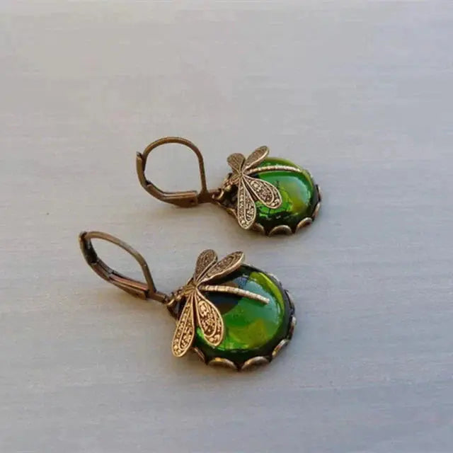 Spherical dragonfly earrings in antique golden