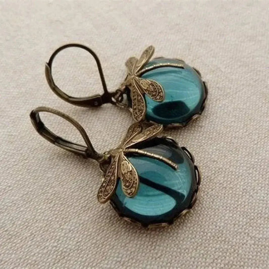 Spherical dragonfly earrings in antique golden