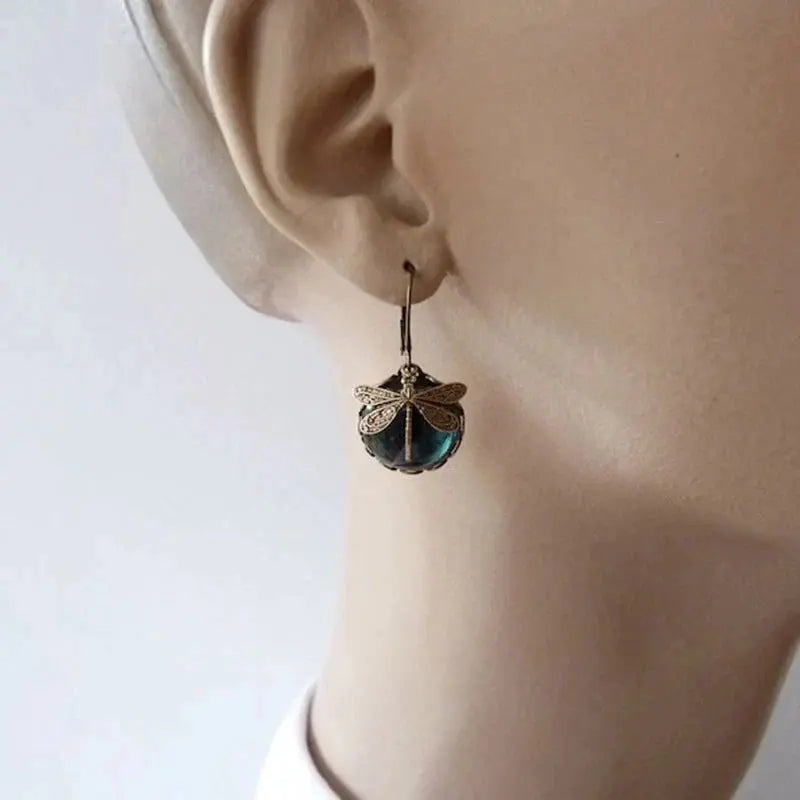 Spherical dragonfly earrings in antique golden