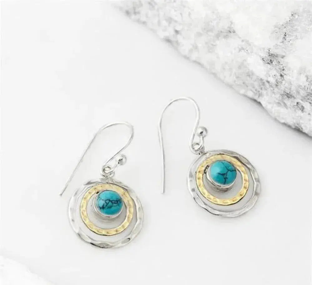 Boho saturn earrings with turquoise stone in silver and golden