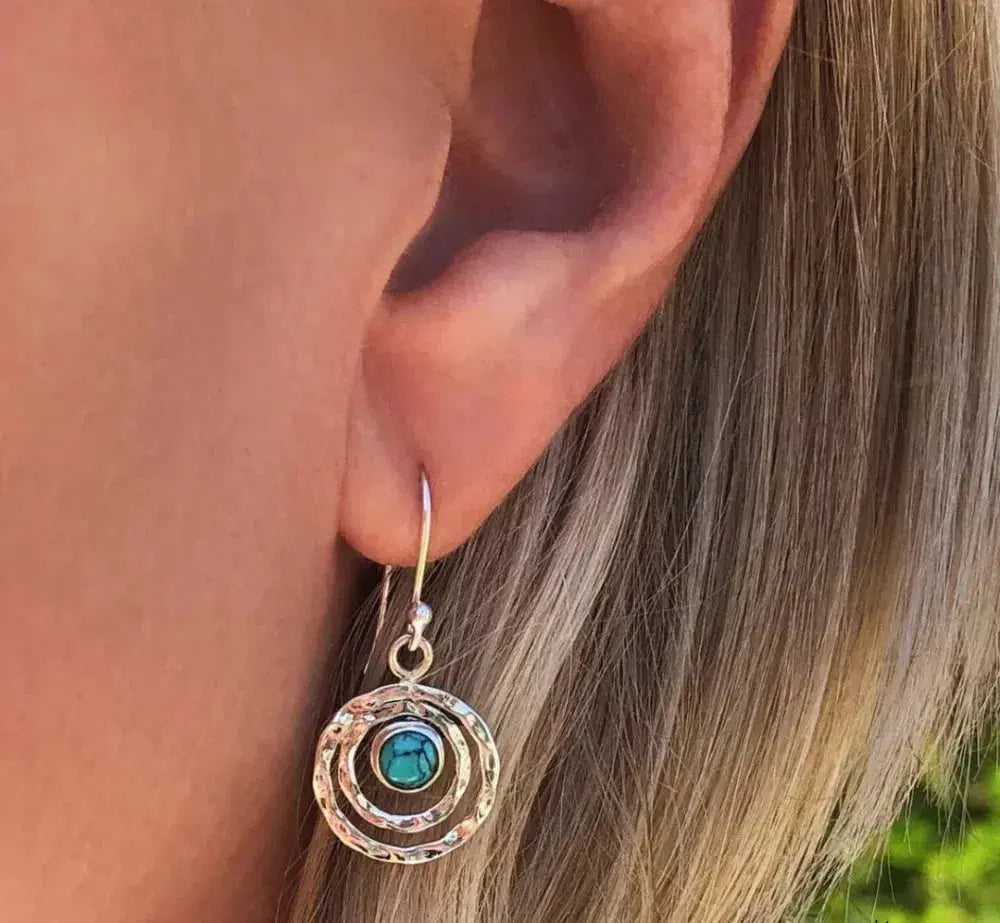 Boho saturn earrings with turquoise stone in silver and golden