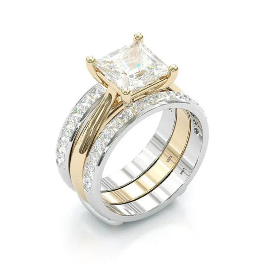 Timeless Princess Cut Bridal Ring Set – Golden & Sterling Silver
