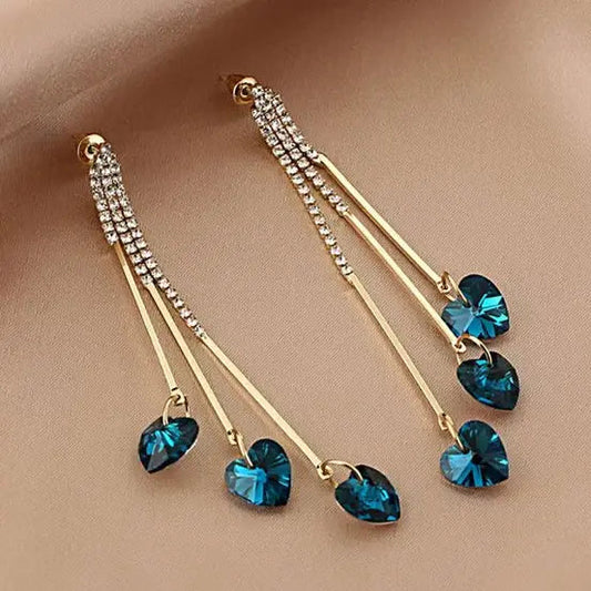 Blue Crystal Heart Elegant Rain Earrings