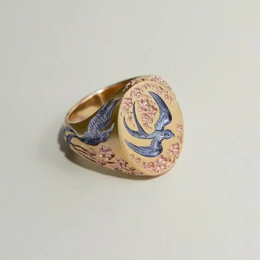 Vintage Blue Golden Hummingbird Ring