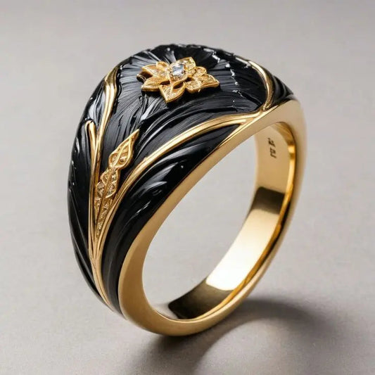 Black enamel ring in vintage golden