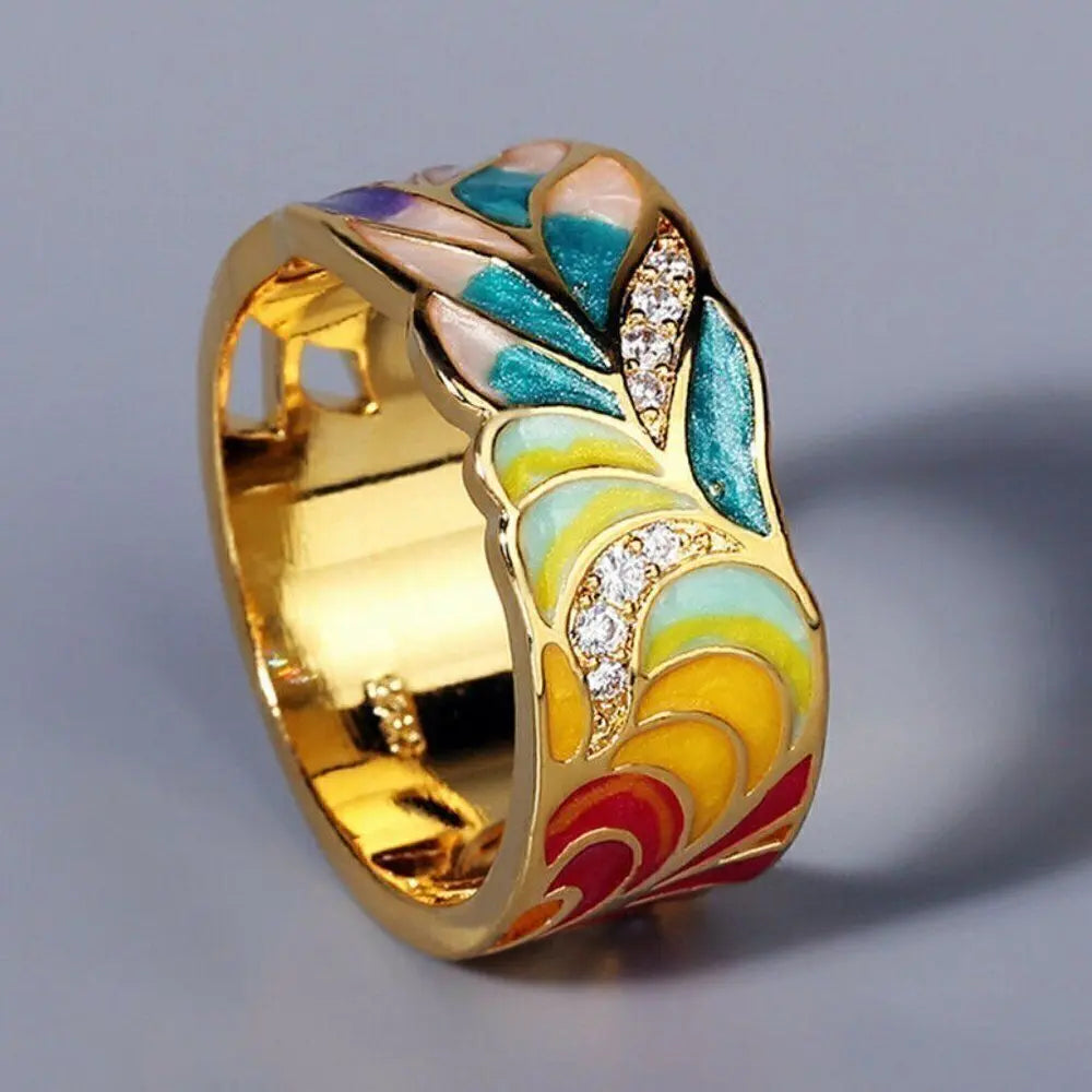 Hand-painted Floral Ring in Vintage Golden