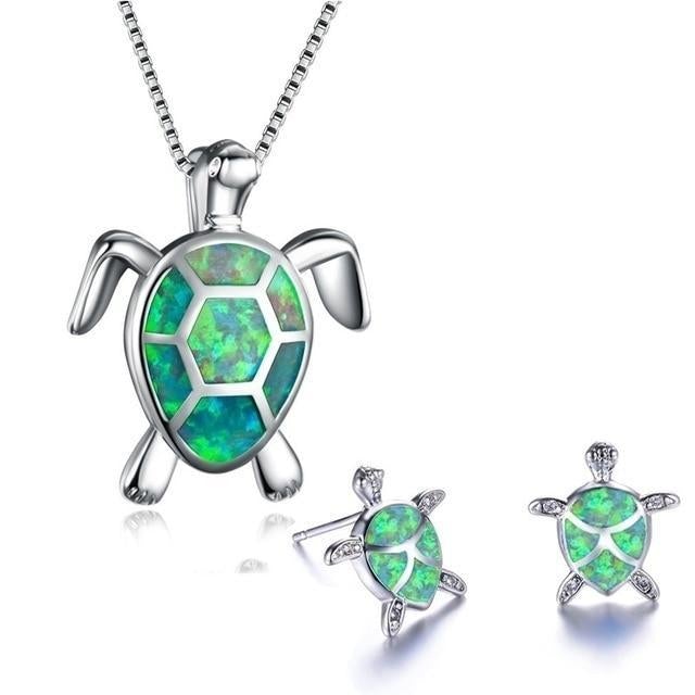 Set of necklace and earrings with opal sea turtles