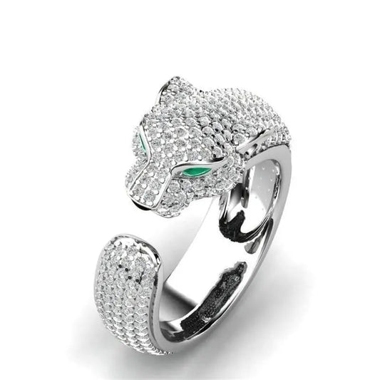 Adjustable Jaguar Ring with green Zirconia eyes